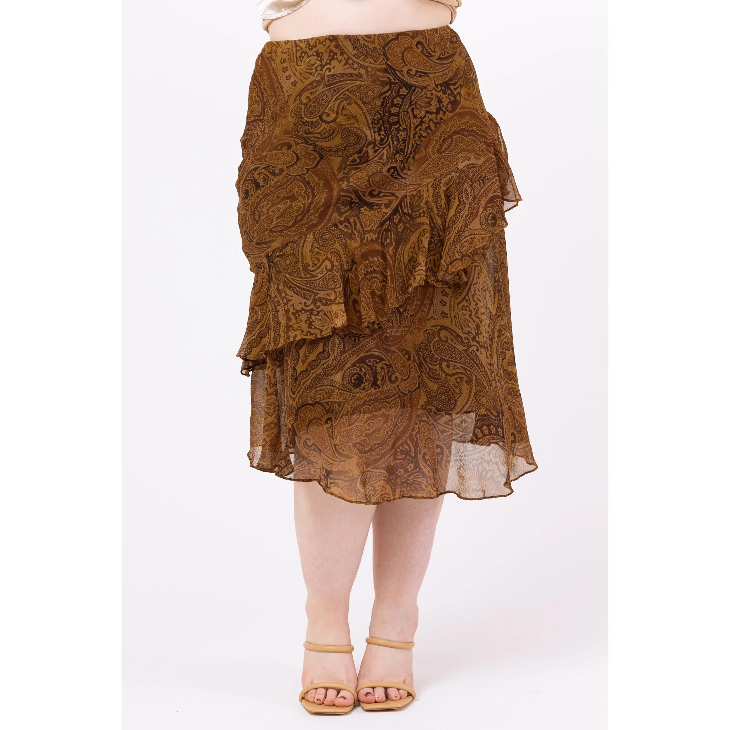 Vintage Y2K Ralph Lauren Brown Paisley Silk Midi Skirt – Petite Medium