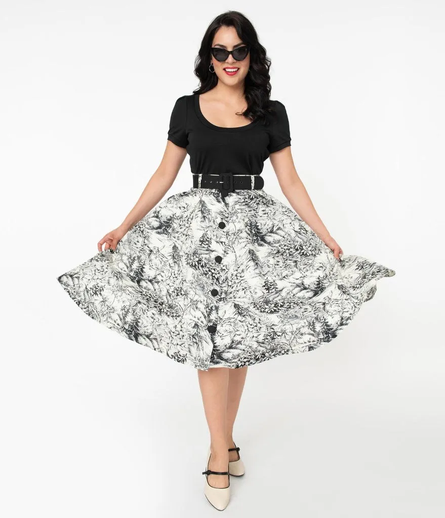 White and Black Toile Print Waikiki Swing Skirt
