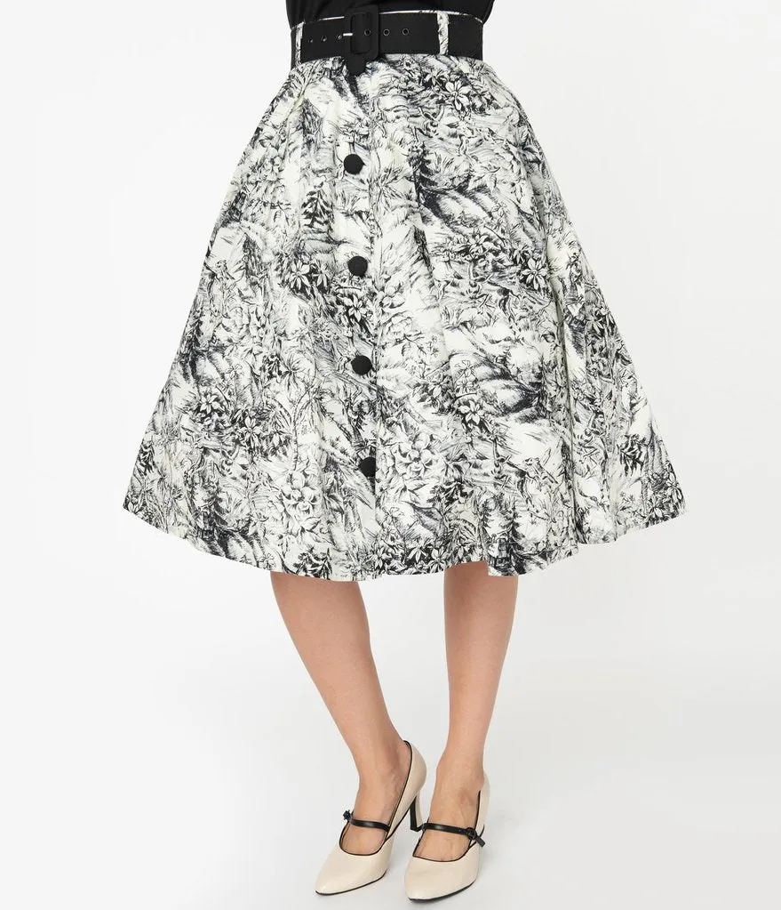 White and Black Toile Print Waikiki Swing Skirt