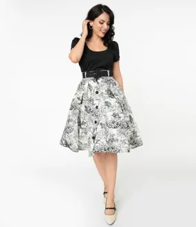 White and Black Toile Print Waikiki Swing Skirt