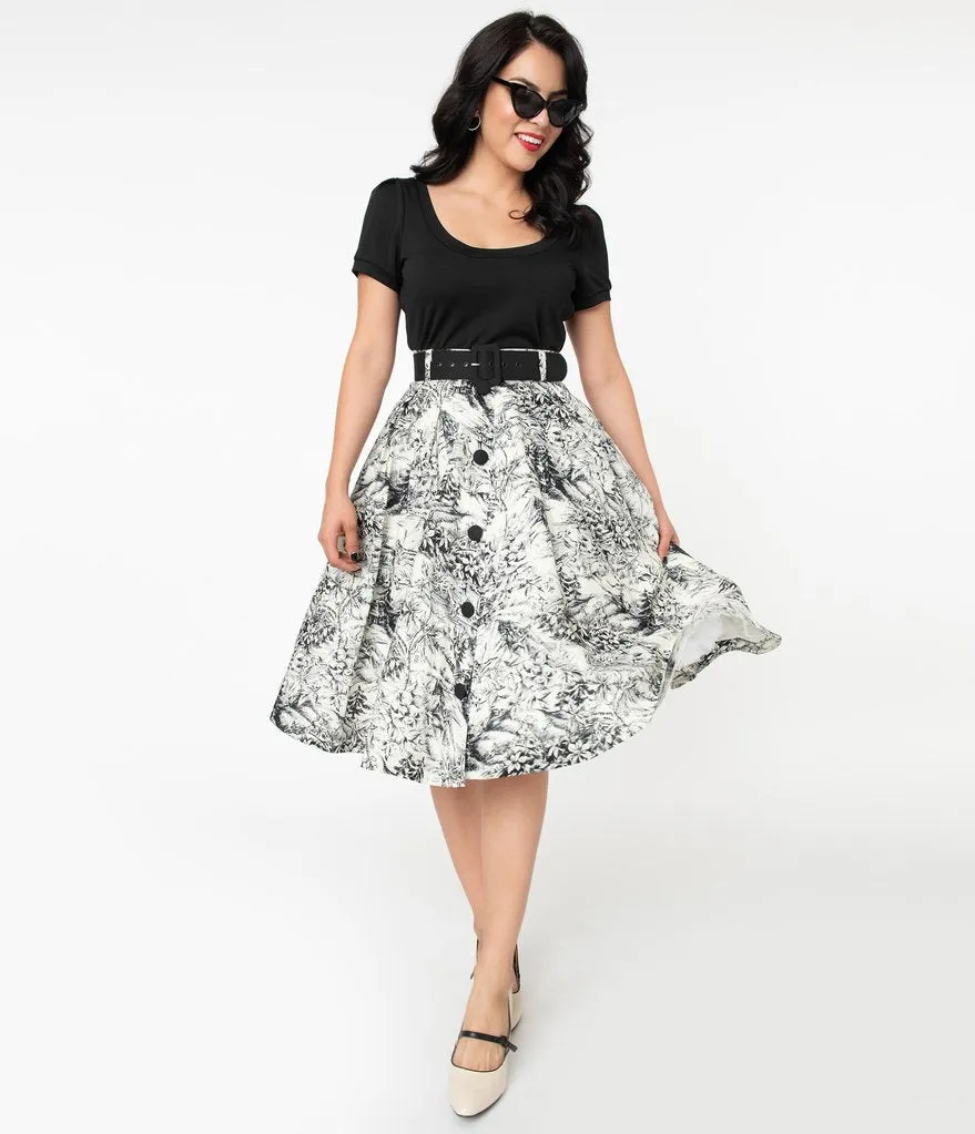 White and Black Toile Print Waikiki Swing Skirt