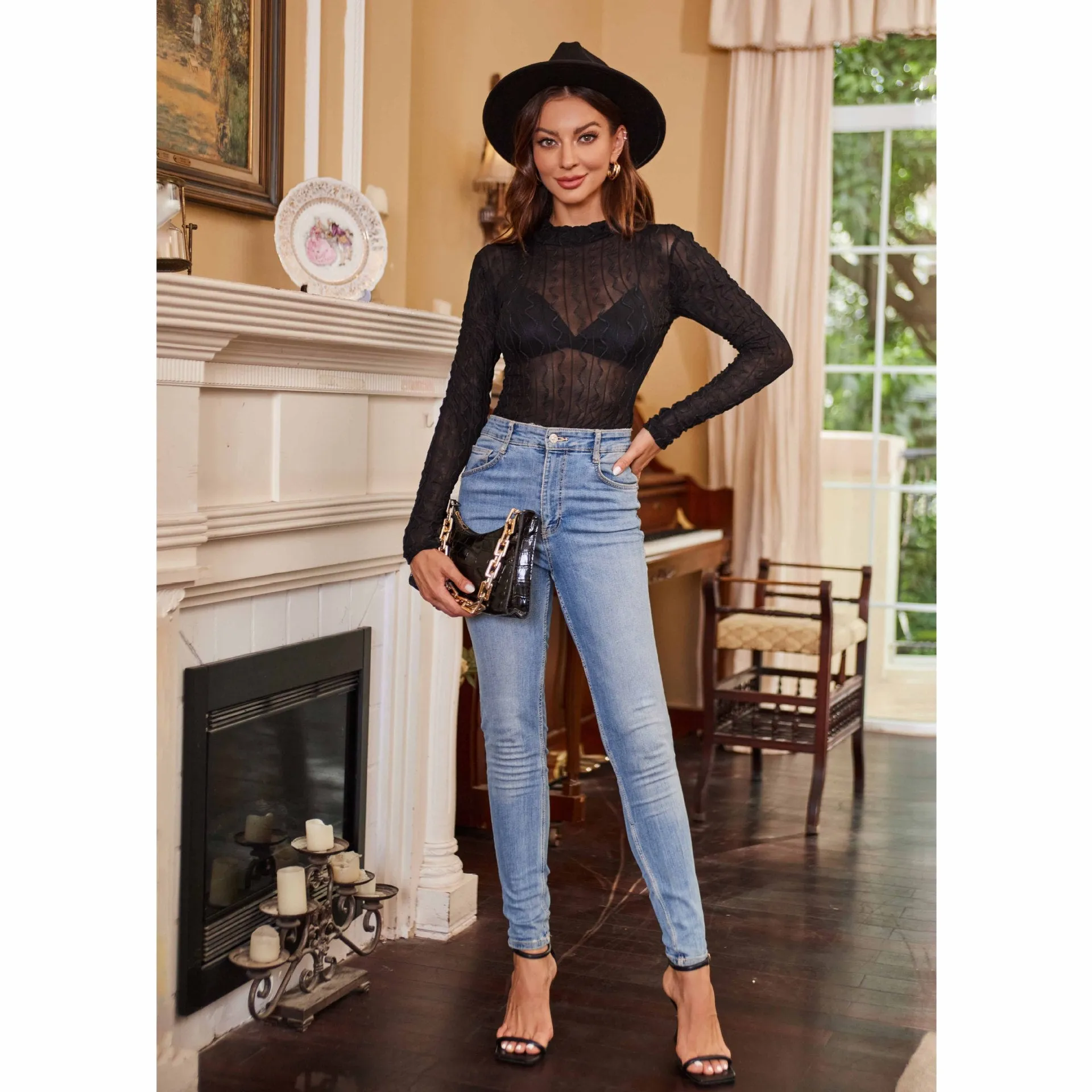 Women Long Sleeve Mock Neck Mesh Transparent Bodysuit