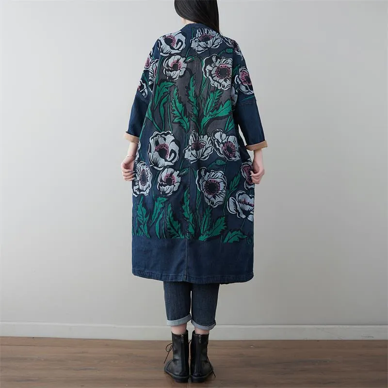Women Retro Flower Print Denim Spring Long Coat