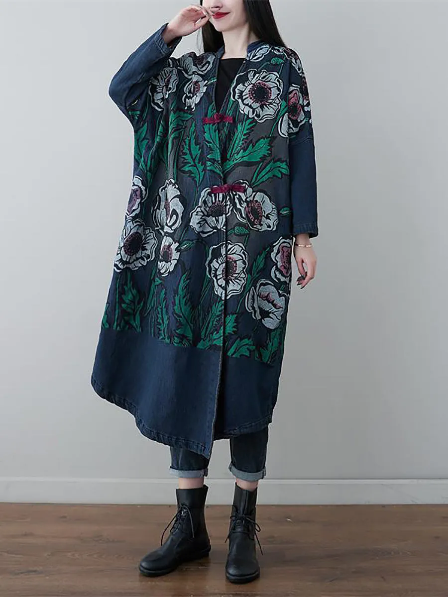 Women Retro Flower Print Denim Spring Long Coat