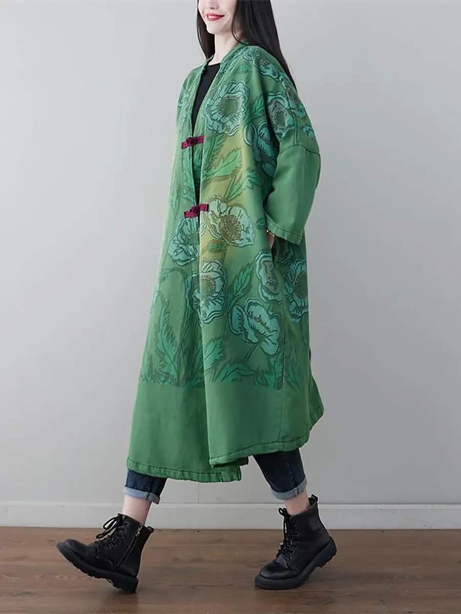 Women Retro Flower Print Denim Spring Long Coat