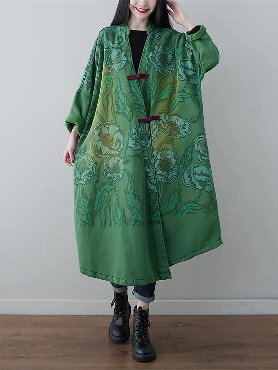 Women Retro Flower Print Denim Spring Long Coat