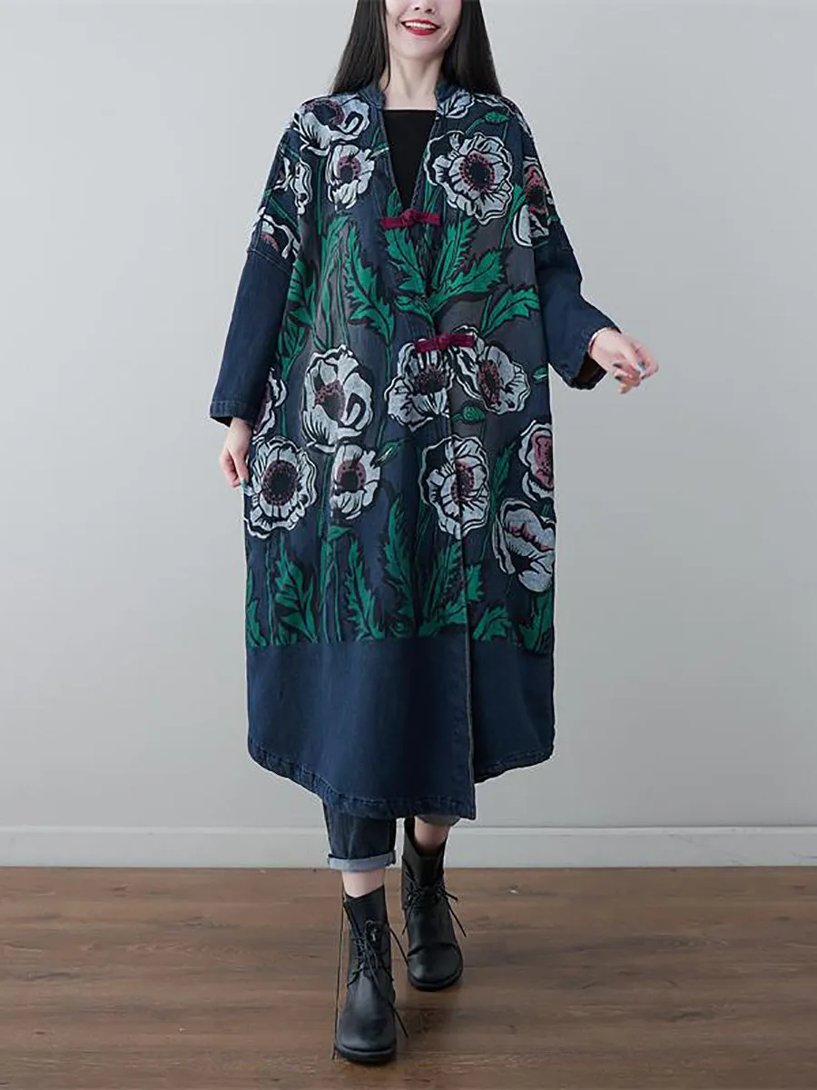 Women Retro Flower Print Denim Spring Long Coat