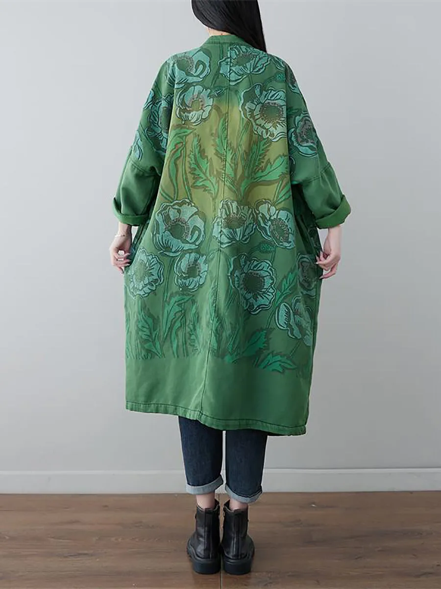 Women Retro Flower Print Denim Spring Long Coat