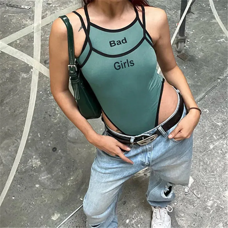 Women Spaghetti Strap Bodysuits Letter Printed O Neck Backless Sleeveless Bodysuits