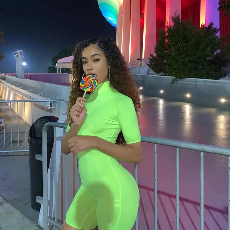 Women's Summer Fluorescence Color Fitness Bodysuit With Turtleneck