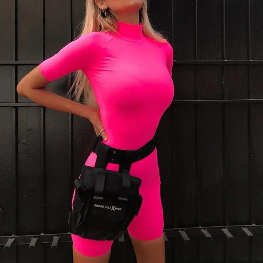 Women's Summer Fluorescence Color Fitness Bodysuit With Turtleneck