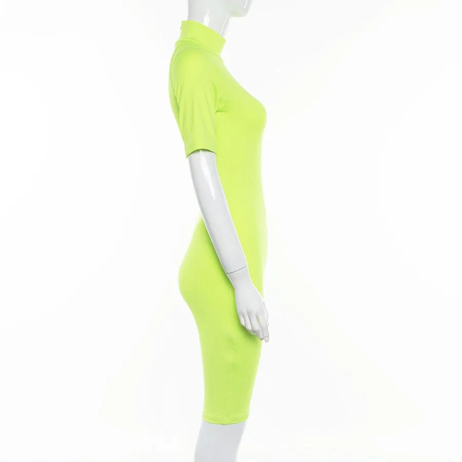 Women's Summer Fluorescence Color Fitness Bodysuit With Turtleneck