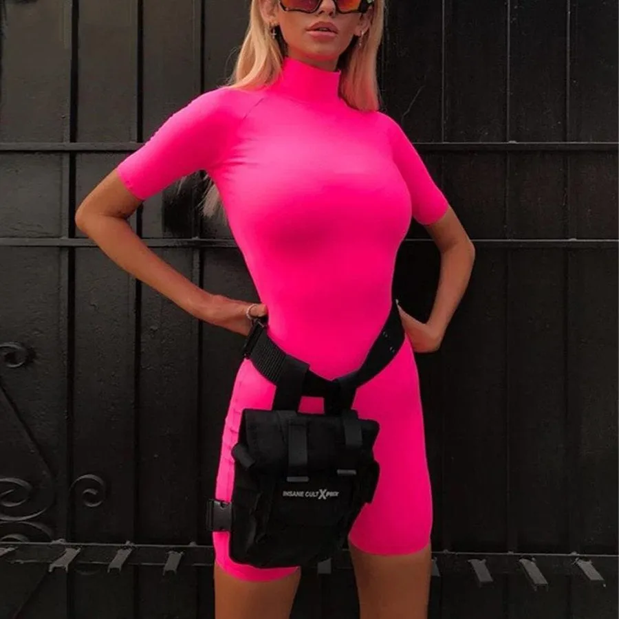 Women's Summer Fluorescence Color Fitness Bodysuit With Turtleneck
