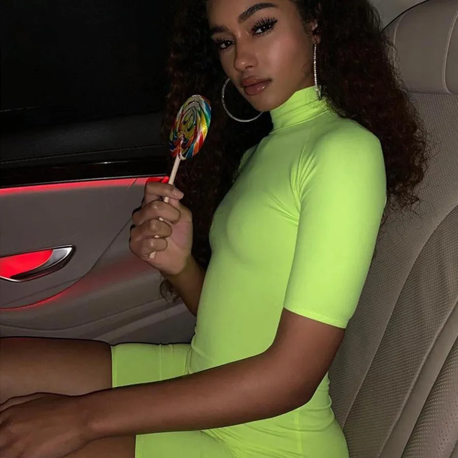 Women's Summer Fluorescence Color Fitness Bodysuit With Turtleneck
