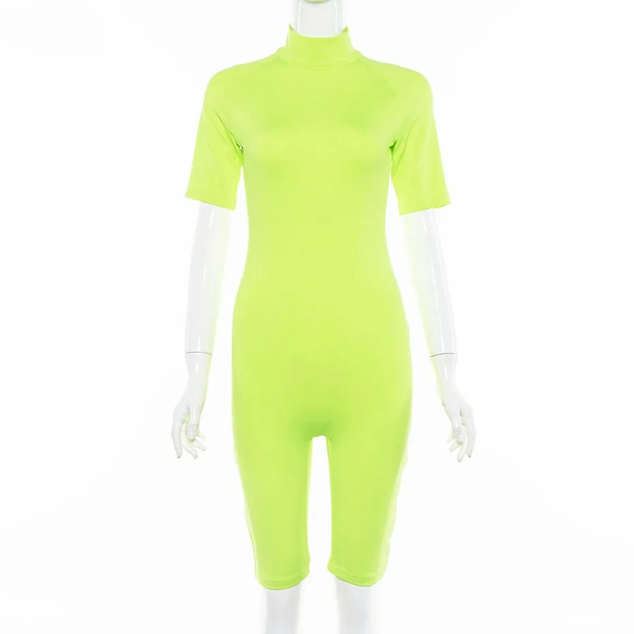 Women's Summer Fluorescence Color Fitness Bodysuit With Turtleneck
