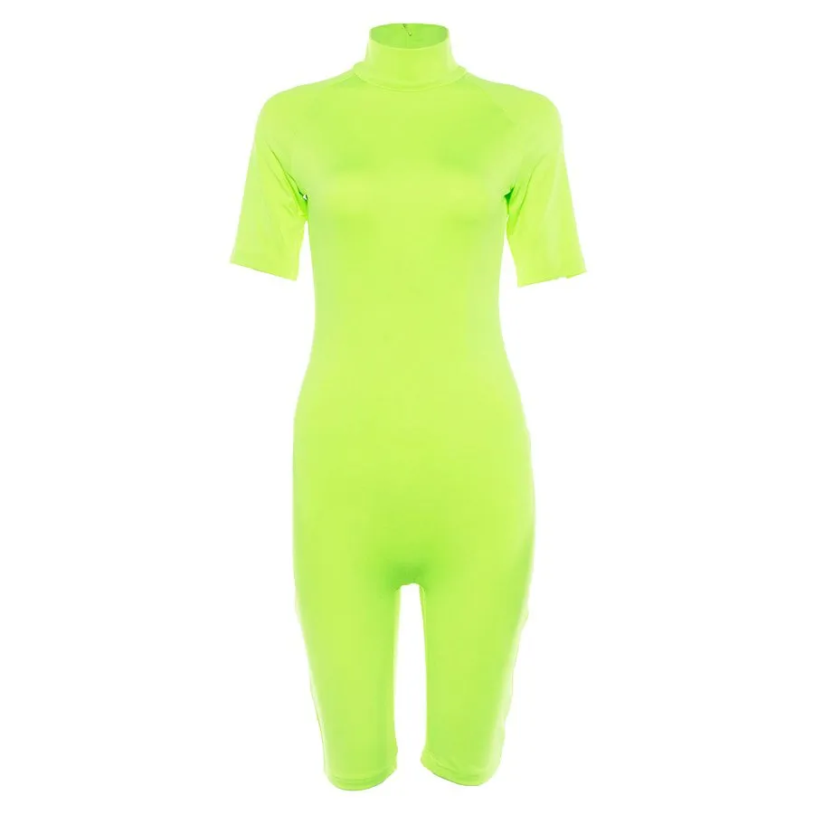 Women's Summer Fluorescence Color Fitness Bodysuit With Turtleneck