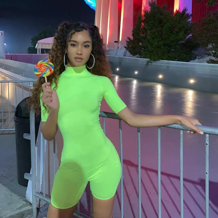 Women's Summer Fluorescence Color Fitness Bodysuit With Turtleneck