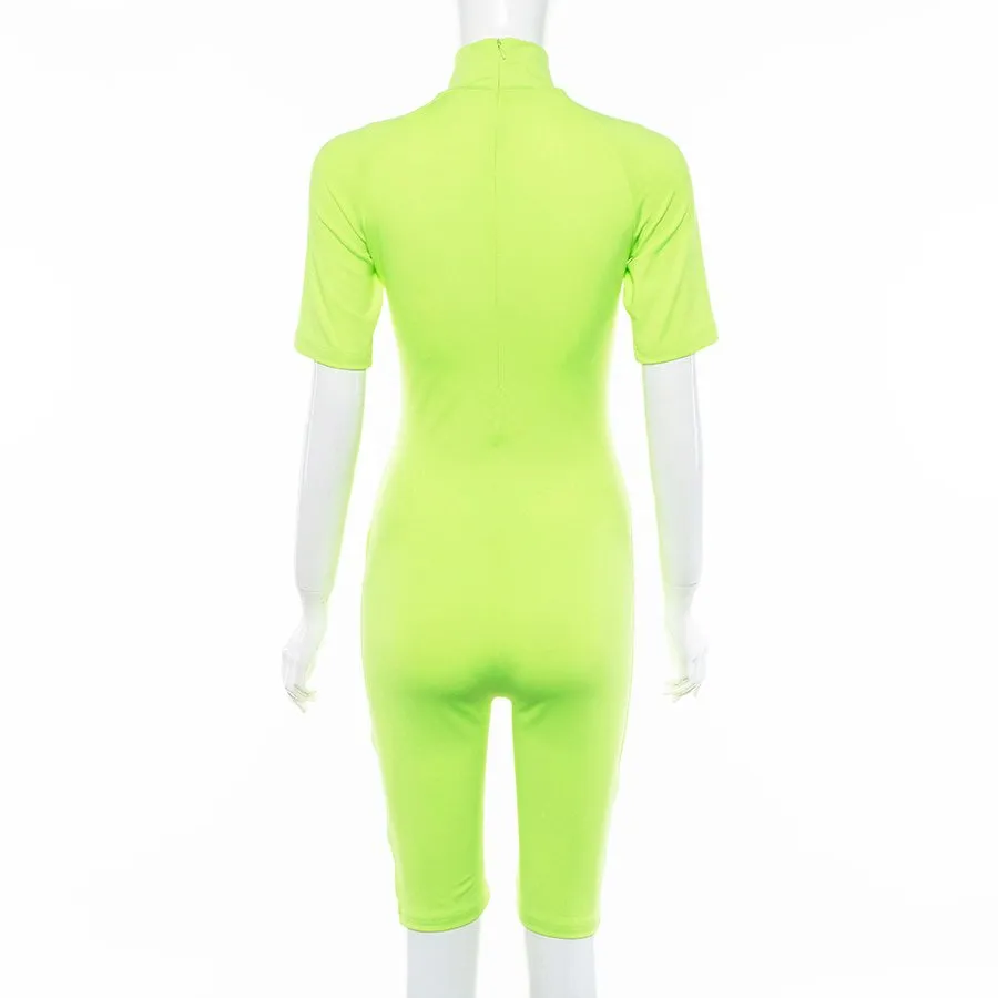Women's Summer Fluorescence Color Fitness Bodysuit With Turtleneck