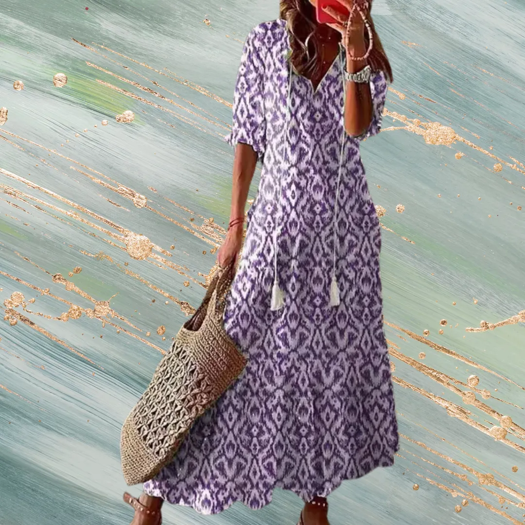 Women's V Neck Half Sleeve Floral Print Maxi Dress