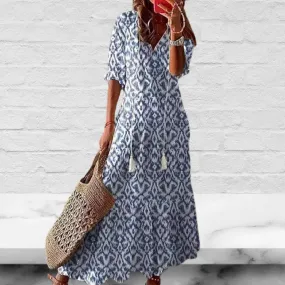 Women's V Neck Half Sleeve Floral Print Maxi Dress