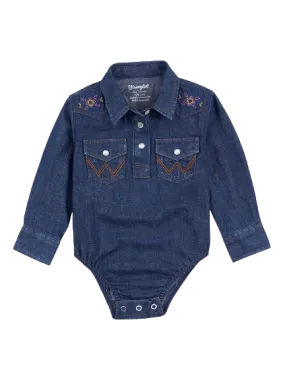 Wrangler Kid's Baby Embroidered Yoke Denim In Blue Denim Bodysuit