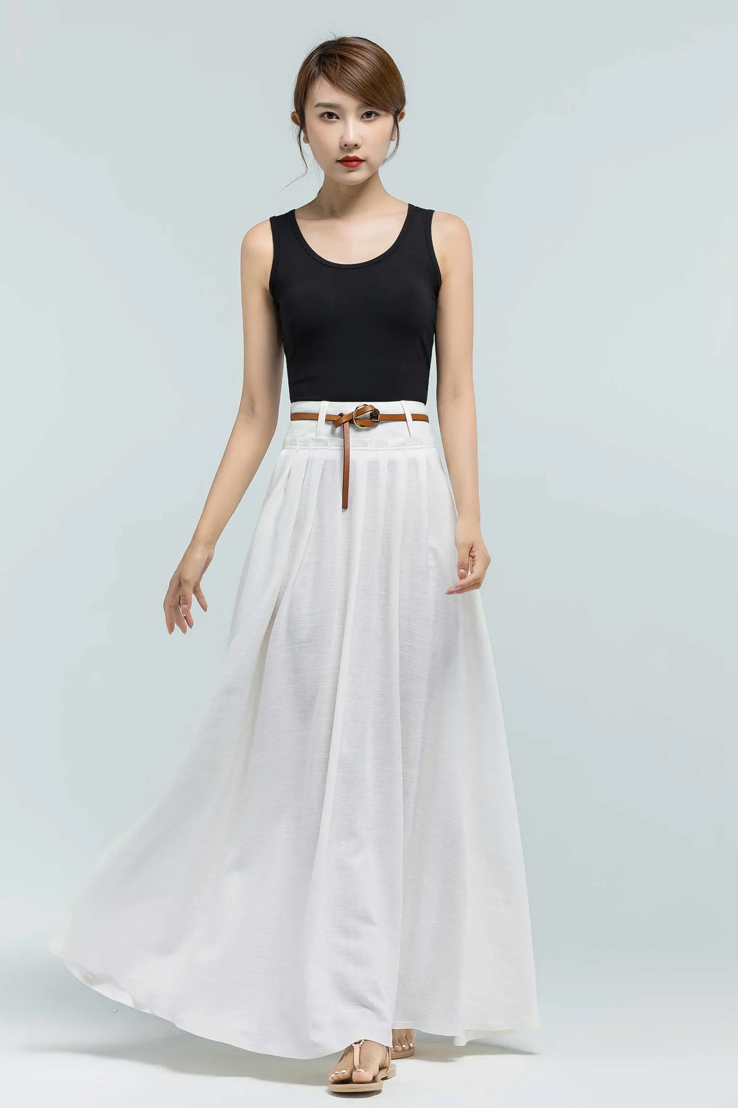 Xiaolizi handmade white linen pleated maxi skirt 2376#