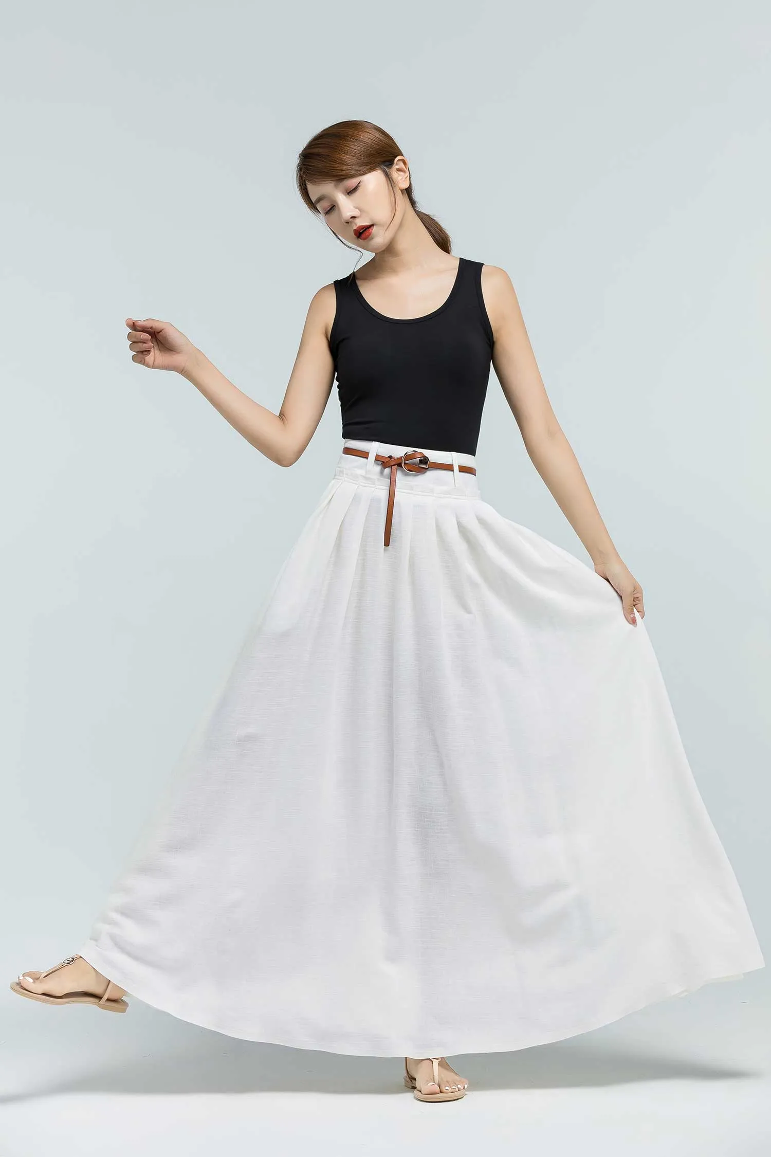 Xiaolizi handmade white linen pleated maxi skirt 2376#
