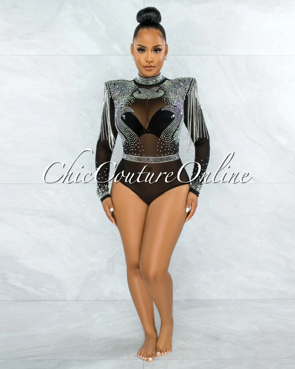 Yonce Ultra Luxe Embellished Padded Shoulders Bodysuit